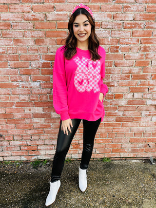 XOXO Pink Checkered Sequin Patch Sweatshirt-Harps & Oli-Shop Anchored Bliss Women's Boutique Clothing Store