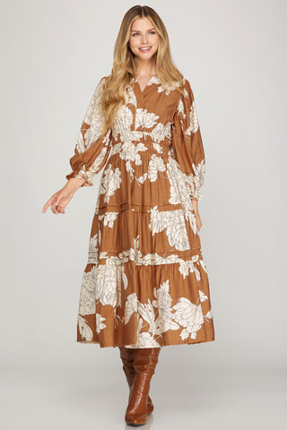 A Bright Idea Floral V Neck Maxi Dress • Camel-She+Sky-Shop Anchored Bliss Women's Boutique Clothing Store