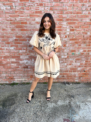 Always Into You Embroidered Dress • Taupe-She+Sky-Shop Anchored Bliss Women's Boutique Clothing Store