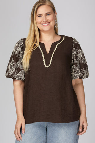 Just What I Need Floral Embroidered Puff Sleeve Top • Brown-She+Sky-Shop Anchored Bliss Women's Boutique Clothing Store