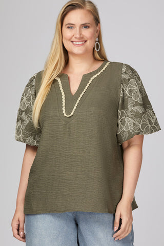 Just What I Need Floral Embroidered Puff Sleeve Top • Olive-She+Sky-Shop Anchored Bliss Women's Boutique Clothing Store