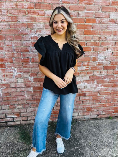 Just as Planned Shirred Bodice Ruffle Sleeve Top • Black-Bibi-Shop Anchored Bliss Women's Boutique Clothing Store