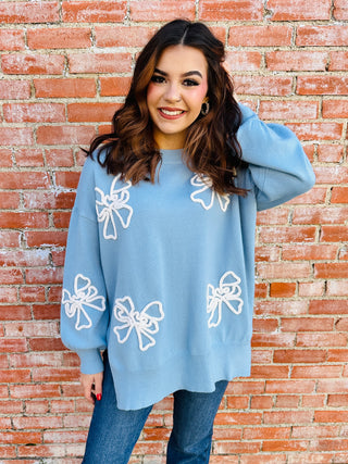 Be Your Forever Bow Embroidered Sweater • Blue-She+Sky-Shop Anchored Bliss Women's Boutique Clothing Store