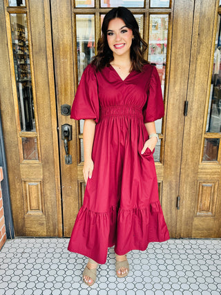 Can't Live Without You Bubble Sleeve Midi Dress • Wine-She+Sky-Shop Anchored Bliss Women's Boutique Clothing Store