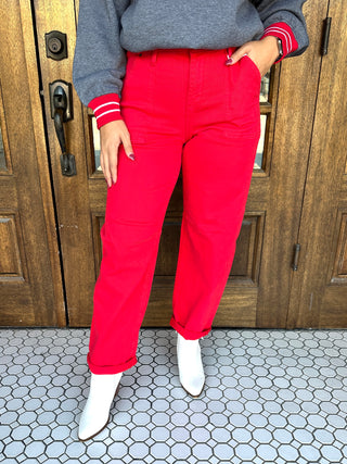 Risen Making Me Blush High Rise Cuffed Barrel Jeans • Red-Risen-Shop Anchored Bliss Women's Boutique Clothing Store