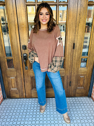 Wishing On a Star Mineral Wash Distressed Star Patch Pullover • Brown-Umgee-Shop Anchored Bliss Women's Boutique Clothing Store