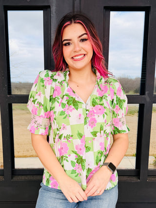 From Now On V-Neck Puff Sleeve Floral Top • Green-Stacey Kluttz-Shop Anchored Bliss Women's Boutique Clothing Store