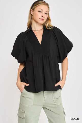 Here We Go Smocked V-Neck Puff Sleeve Top Black-Umgee-Shop Anchored Bliss Women's Boutique Clothing Store