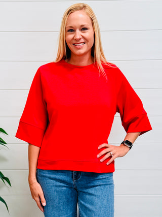 Better Than Before Scuba 3/4 Sleeve Top • Ruby Red-Zenana-Shop Anchored Bliss Women's Boutique Clothing Store