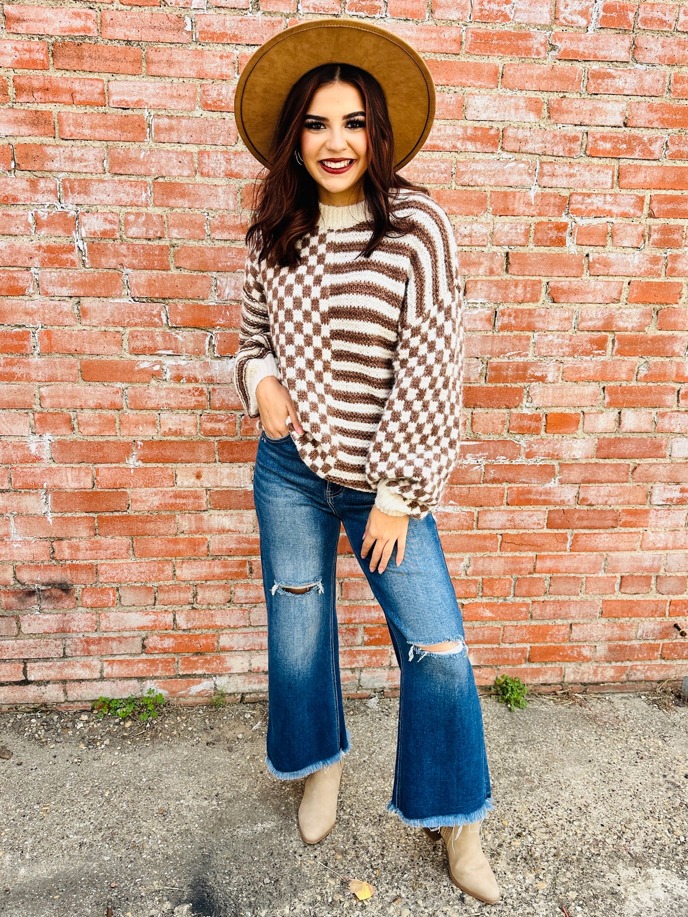 Just Between Us Striped and Checkered Sweater • Mocha-Blu Pepper-Shop Anchored Bliss Women's Boutique Clothing Store