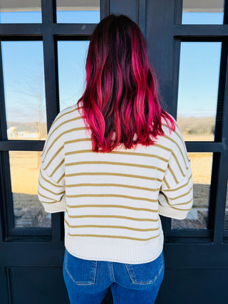 On My Mind Striped Drop Shoulder Sweater Top • Olive-Blu Pepper-Shop Anchored Bliss Women's Boutique Clothing Store