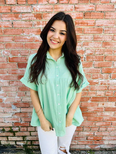 Distracted By You Button Down Babydoll Top • Sage Green-Andree by Unit-Shop Anchored Bliss Women's Boutique Clothing Store