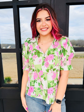 From Now On V-Neck Puff Sleeve Floral Top • Green-Stacey Kluttz-Shop Anchored Bliss Women's Boutique Clothing Store
