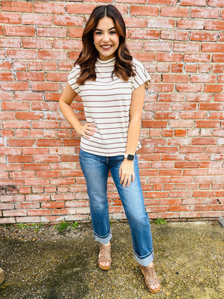 Here With Me Striped Mock Neck Top • Cream-Umgee-Shop Anchored Bliss Women's Boutique Clothing Store