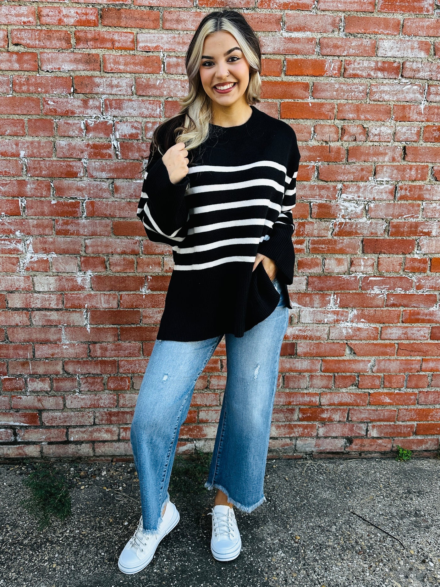 Undeniably Yours Ribbed Striped Sweater • Black-Bibi-Shop Anchored Bliss Women's Boutique Clothing Store