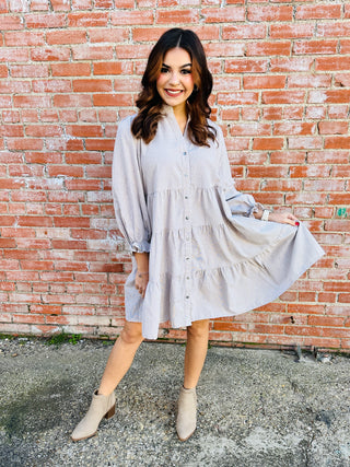 Dream Come True Striped Dress • Taupe-She+Sky-Shop Anchored Bliss Women's Boutique Clothing Store