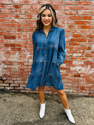 According To You Long Sleeve Denim Dress • Medium Wash-She + Sky-Shop Anchored Bliss Women's Boutique Clothing Store