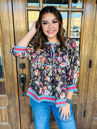 Call it Fate Vintage Floral Quarter Sleeve Top • Chocolate-Entro-Shop Anchored Bliss Women's Boutique Clothing Store