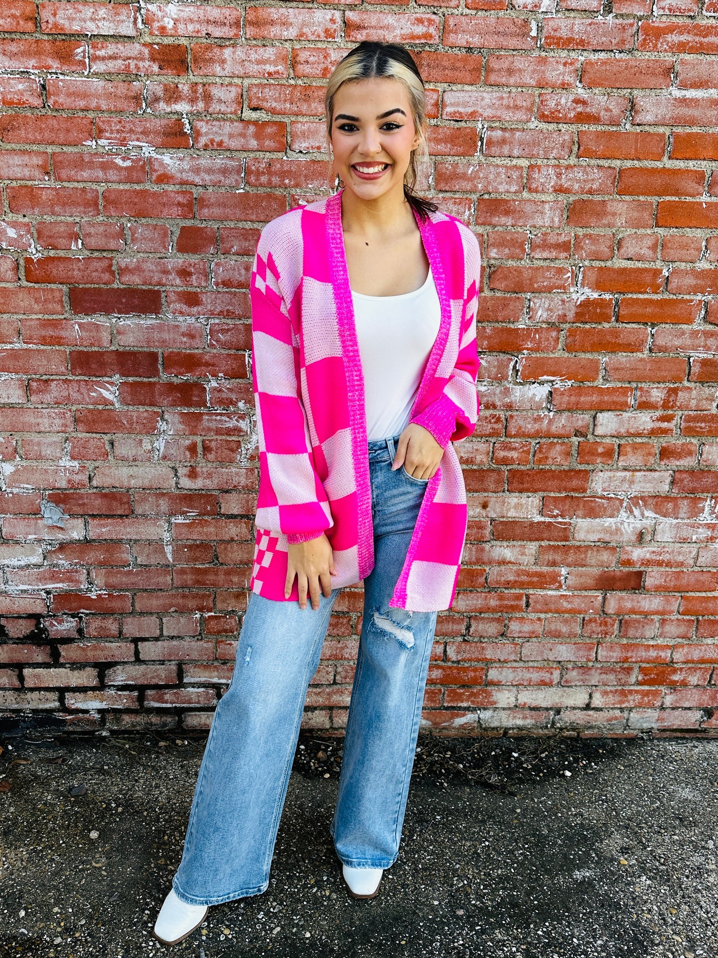 All the Good Times Checkered Cardigan • Pink-Thomas and Co-Shop Anchored Bliss Women's Boutique Clothing Store