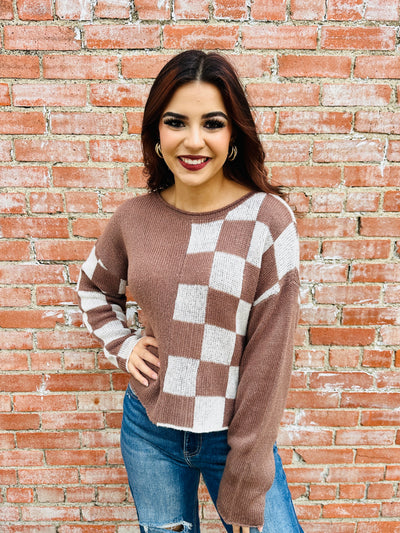 Warmest Wishes Color Block Checkered Sweater • Mocha-Blu Pepper-Shop Anchored Bliss Women's Boutique Clothing Store