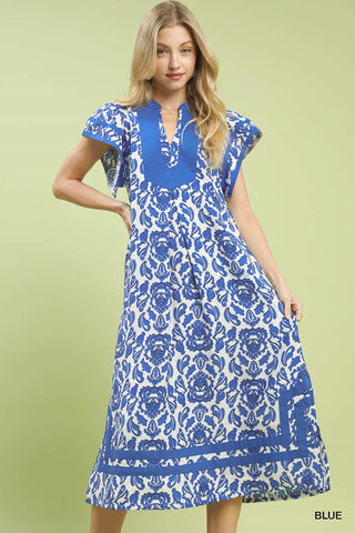 Say You Will Abstract V-Neck Midi Dress • Blue