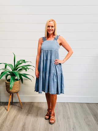 Let it Flow Tiered Ruffle Strap Denim Dress-Sage & Fig-Shop Anchored Bliss Women's Boutique Clothing Store