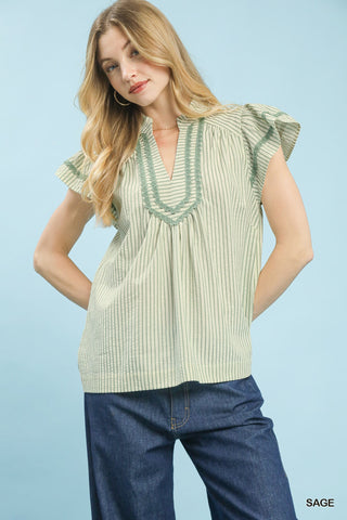 Devoted Heart Flutter Sleeve V-Neck Top • Sage Green