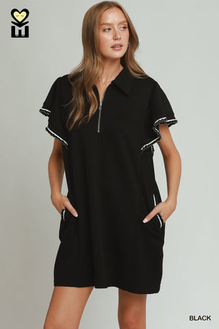 Zip Into Style Ruffle Sleeve Scuba Dress Mini Dress • Black-Umgee-Shop Anchored Bliss Women's Boutique Clothing Store