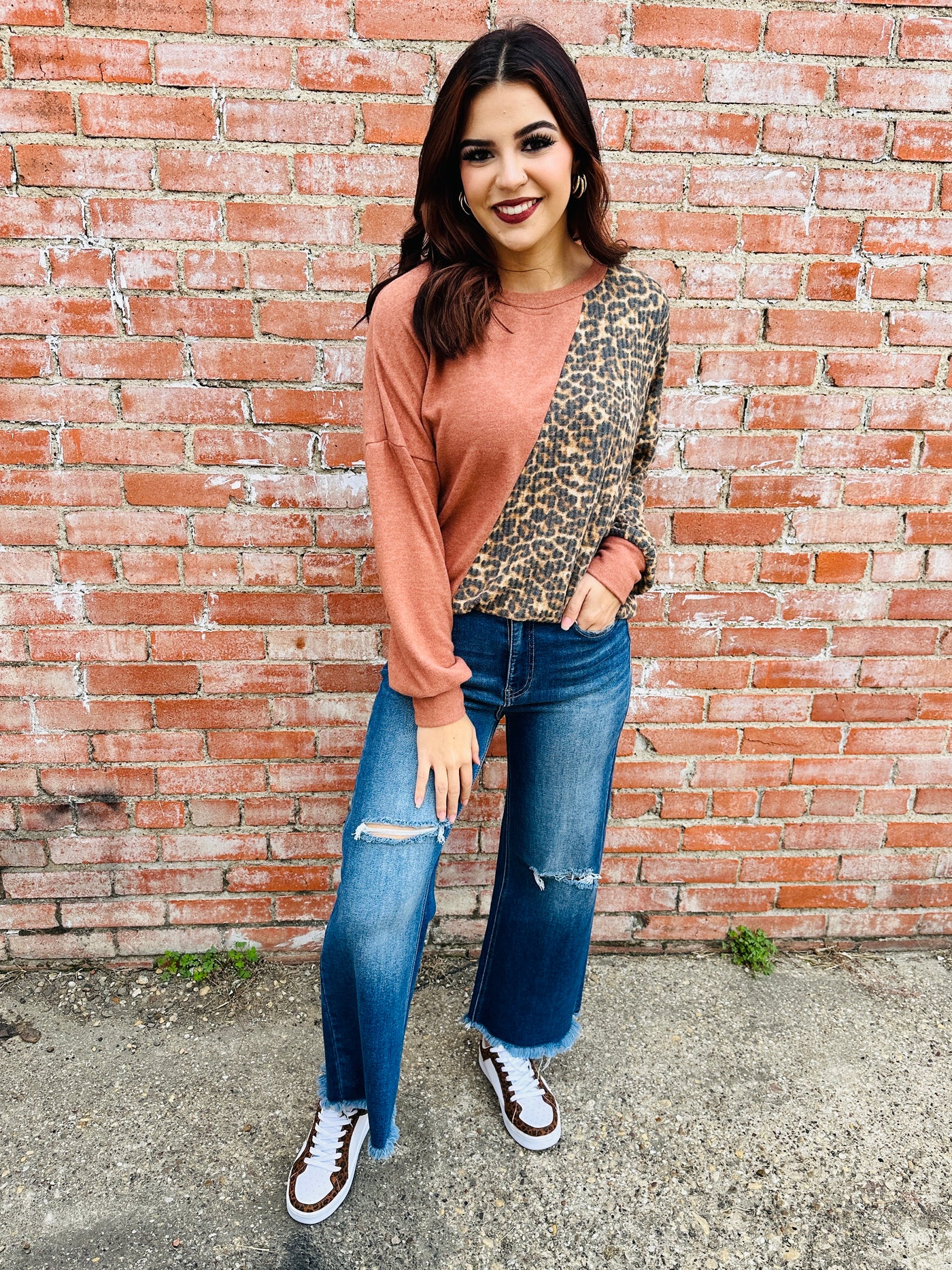 Back and Fourth Leopard Waffle Knit Top • Rust-Lovely Melody-Shop Anchored Bliss Women's Boutique Clothing Store