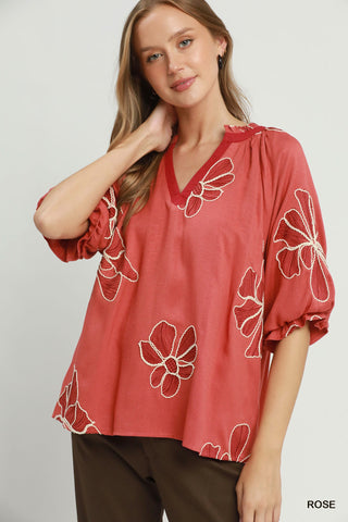 On the Other Hand Floral Embroidered Top Rose