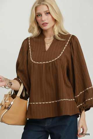 Fall For You Contrast Trim Balloon Sleeve Top • Brown-Umgee-Shop Anchored Bliss Women's Boutique Clothing Store
