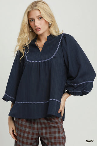 Fall For You Contrast Trim Balloon Sleeve Top • Navy-Umgee-Shop Anchored Bliss Women's Boutique Clothing Store