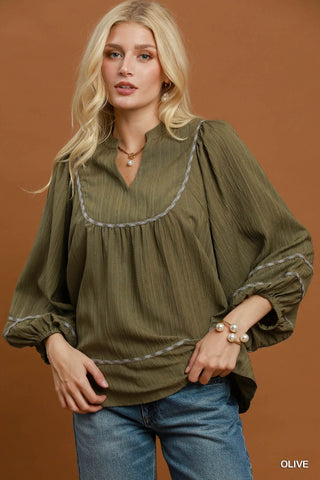 Fall For You Contrast Trim Balloon Sleeve Top • Olive-Umgee-Shop Anchored Bliss Women's Boutique Clothing Store