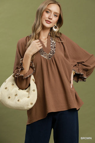 Tell Me Everything Leopard Trim V Neck Puff Sleeve Top • Brown-Umgee-Shop Anchored Bliss Women's Boutique Clothing Store