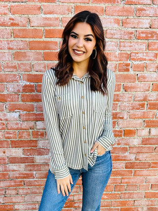 Here We Are Striped Collared Top • Olive-Blu Pepper-Shop Anchored Bliss Women's Boutique Clothing Store