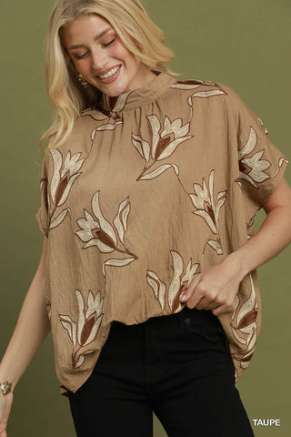 Autumn in Bloom Mock Neck Embroidered Top • Taupe-Umgee-Shop Anchored Bliss Women's Boutique Clothing Store
