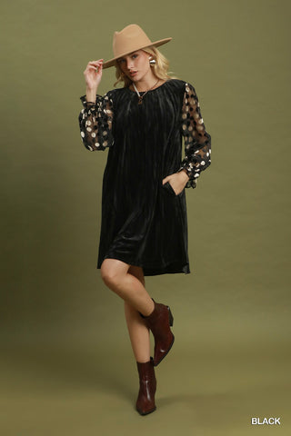Midnight Magic Velvet Polka Dot Sleeve Mini Dress • Black-Stacey Kluttz-Shop Anchored Bliss Women's Boutique Clothing Store