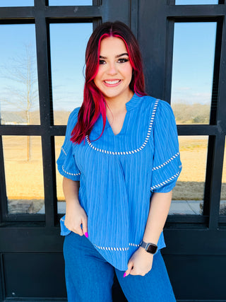 Seeking Blue Skies Boho Puff Sleeve Top • Blue-Umgee-Shop Anchored Bliss Women's Boutique Clothing Store