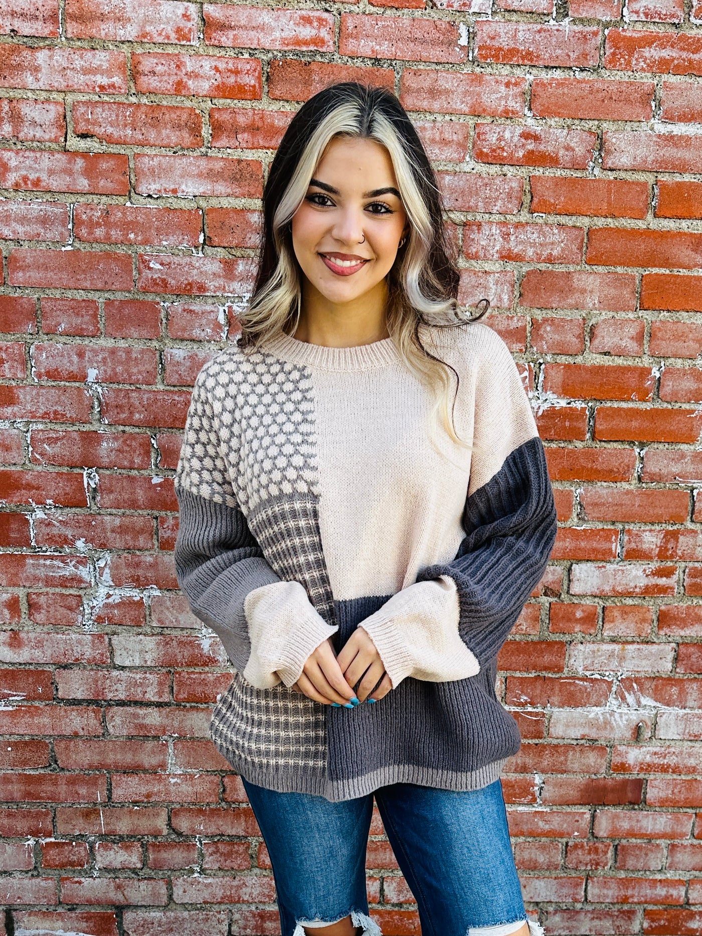 Want You To Know Mixed Pattern Block Sweater • Neutral-Bibi-Shop Anchored Bliss Women's Boutique Clothing Store