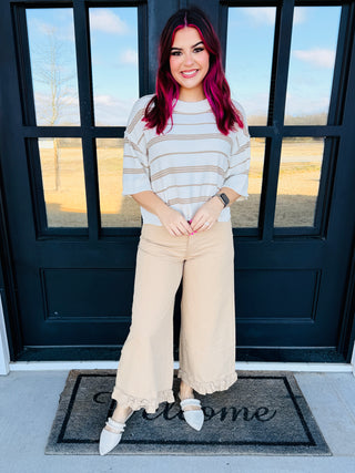 Never Have I Ever Wide Legged Ruffle Hem Pants • Khaki-Easel-Shop Anchored Bliss Women's Boutique Clothing Store