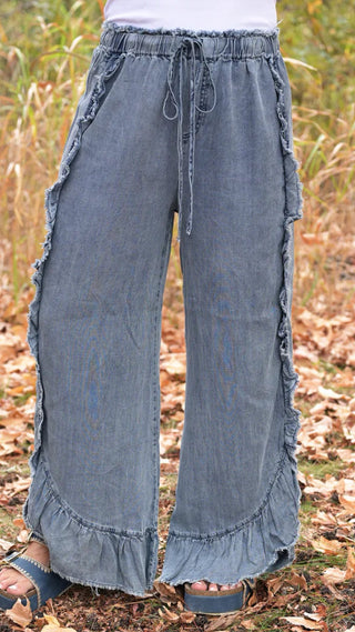 Make a Statement Oversized Ruffle Tencel Jeans-Sage & Fig-Shop Anchored Bliss Women's Boutique Clothing Store