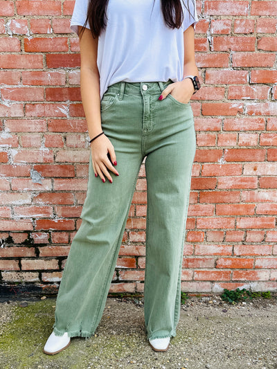 Risen Perfect in Olive Wide Leg Jeans • Olive Green-Risen-Shop Anchored Bliss Women's Boutique Clothing Store