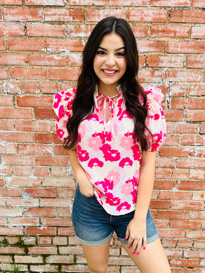 Sweet Grace Puff Sleeve Floral Top • Pink-Emerald Creek-Shop Anchored Bliss Women's Boutique Clothing Store
