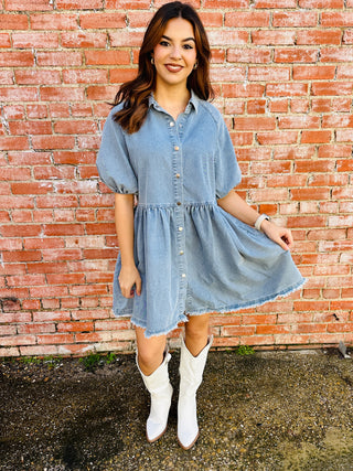 Let Me Adore You Denim Button Down Dress • Medium Wash-Bibi-Shop Anchored Bliss Women's Boutique Clothing Store