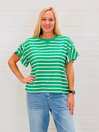 Keep it Chill Ruffle Sleeve Striped Top • Green-Very J-Shop Anchored Bliss Women's Boutique Clothing Store