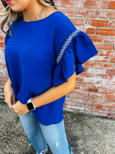 Be Your Forever Ruffle Sleeve Top • Blue-Lovely Melody-Shop Anchored Bliss Women's Boutique Clothing Store