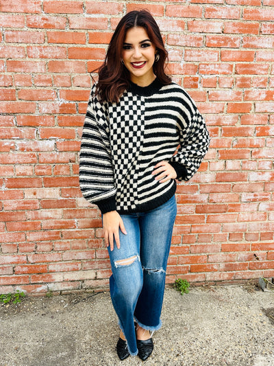 Just Between Us Striped and Checkered Sweater • Black-Blu Pepper-Shop Anchored Bliss Women's Boutique Clothing Store