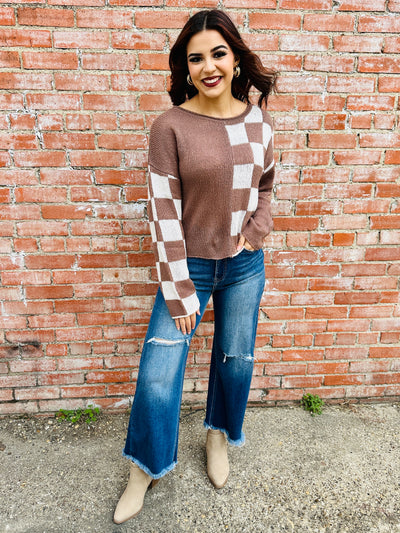 Warmest Wishes Color Block Checkered Sweater • Mocha-Blu Pepper-Shop Anchored Bliss Women's Boutique Clothing Store