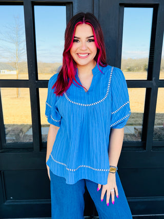 Seeking Blue Skies Boho Puff Sleeve Top • Blue-Umgee-Shop Anchored Bliss Women's Boutique Clothing Store