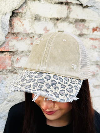 Leopard Brim Distressed Hat • Tan-DMC-Shop Anchored Bliss Women's Boutique Clothing Store